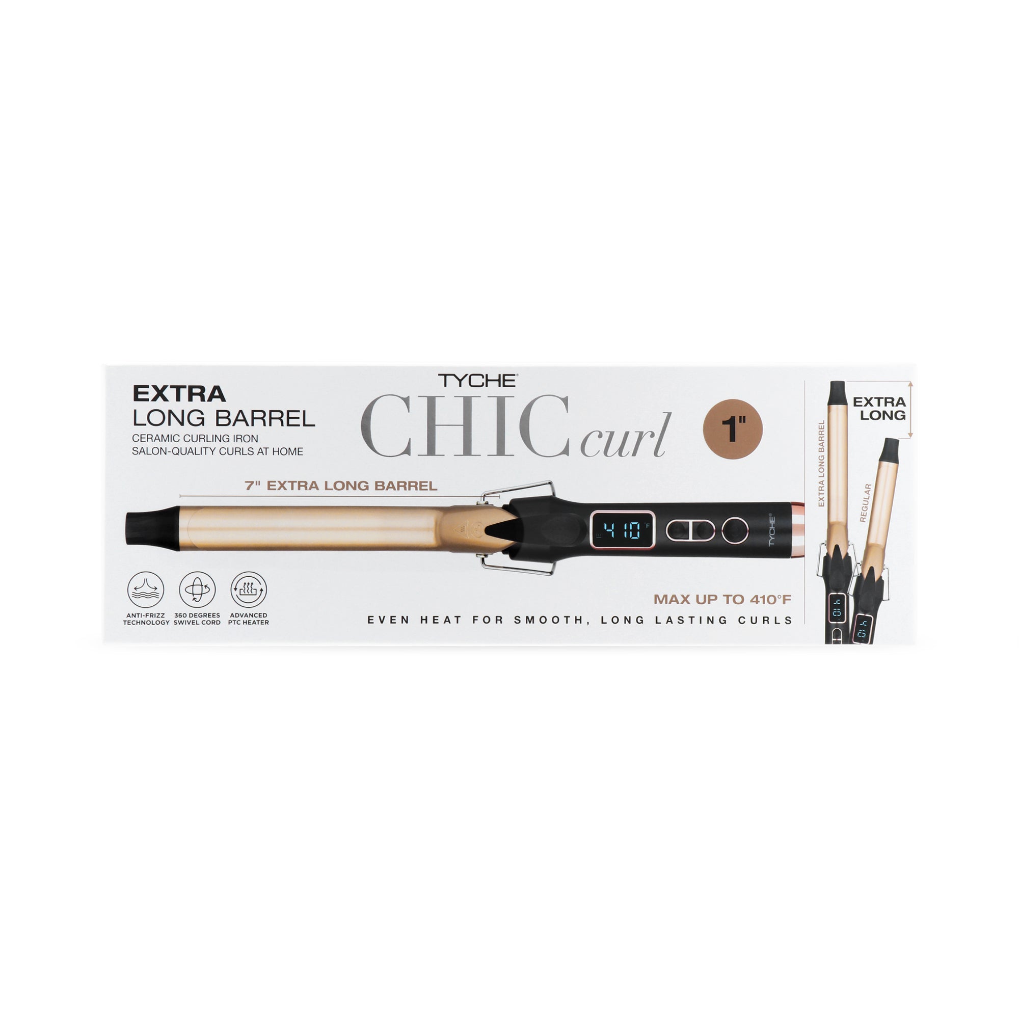 TYCHE Chic Extra-Long Barrel Curling Iron 1-inch retail packaging