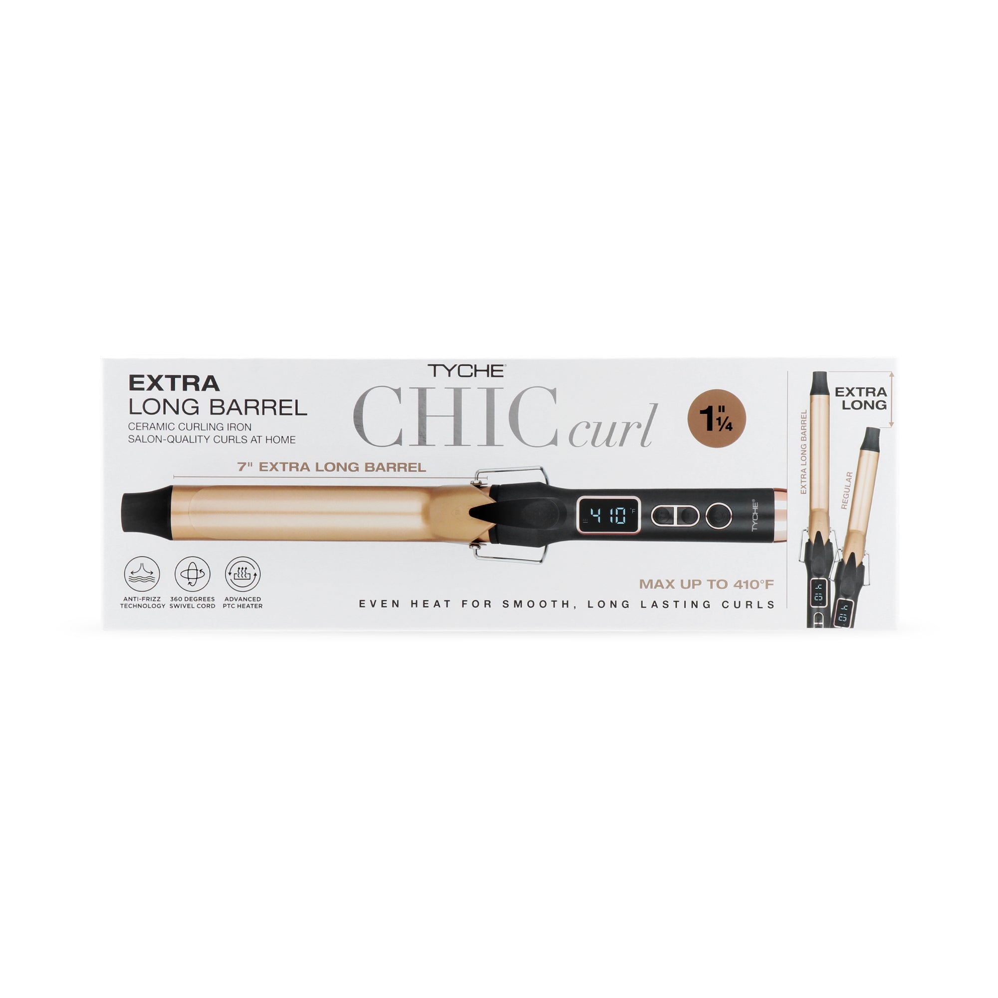 TYCHE Chic Extra-Long Barrel Curling Iron 1.25-inch retail packaging